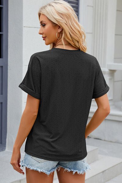 Eyelet Notched Short Sleeve T-Shirt - Loulou Boutique