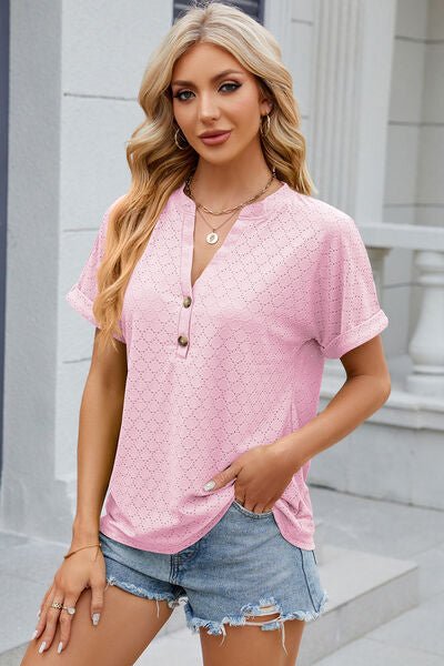 Eyelet Notched Short Sleeve T-Shirt - Loulou Boutique