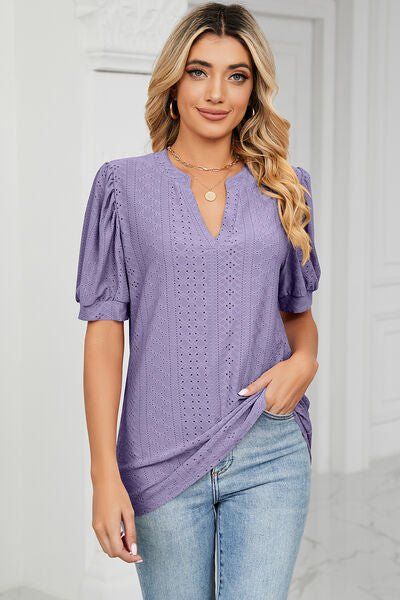 Eyelet Notched Short Sleeve T-Shirt - Loulou Boutique