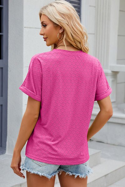 Eyelet Notched Short Sleeve T-Shirt - Loulou Boutique