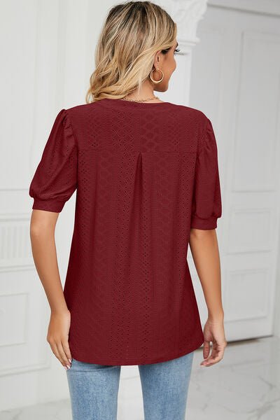 Eyelet Notched Short Sleeve T-Shirt - Loulou Boutique
