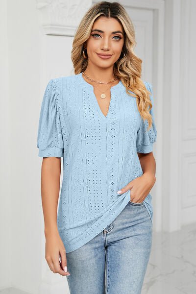 Eyelet Notched Short Sleeve T-Shirt - Loulou Boutique