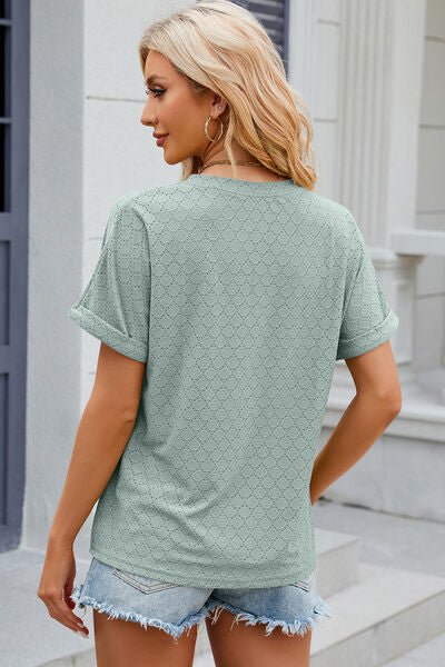 Eyelet Notched Short Sleeve T-Shirt - Loulou Boutique