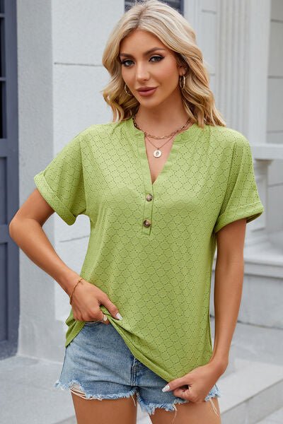 Eyelet Notched Short Sleeve T-Shirt - Loulou Boutique