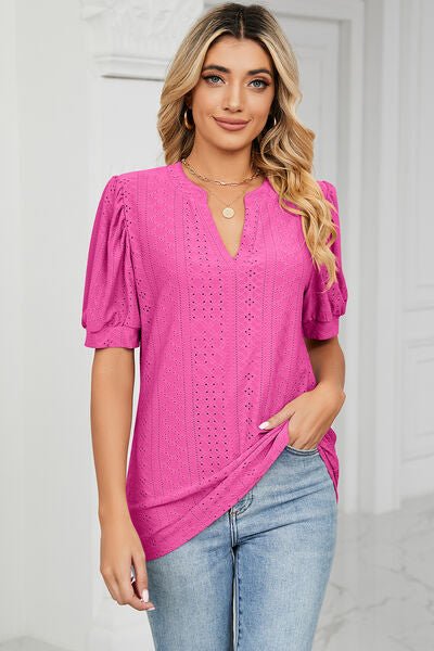 Eyelet Notched Short Sleeve T-Shirt - Loulou Boutique
