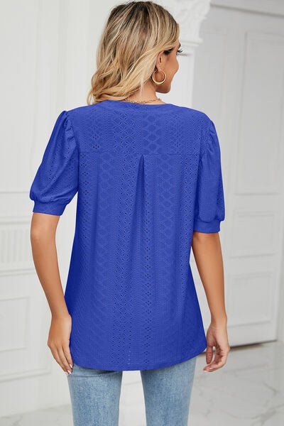 Eyelet Notched Short Sleeve T-Shirt - Loulou Boutique