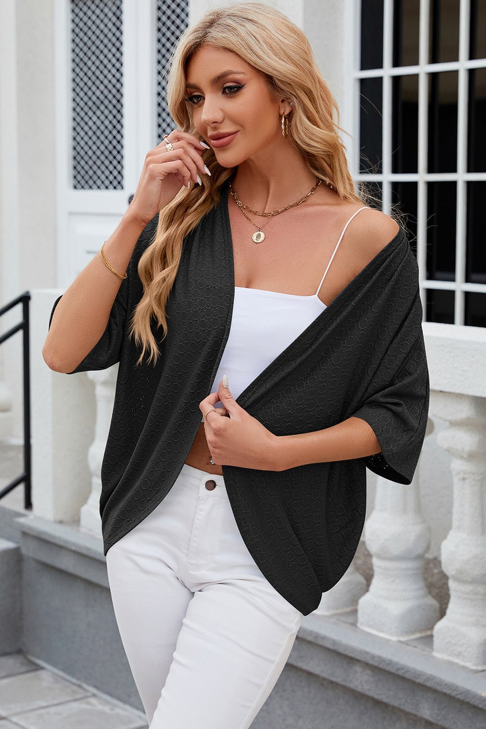 Eyelet Open Front Half Sleeve Cardigan - Loulou Boutique