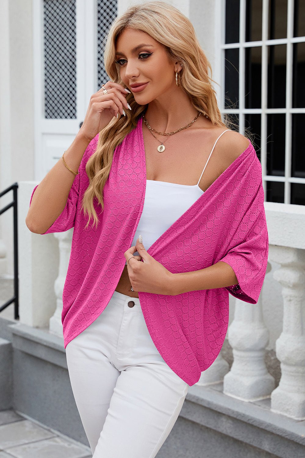 Eyelet Open Front Half Sleeve Cardigan - Loulou Boutique