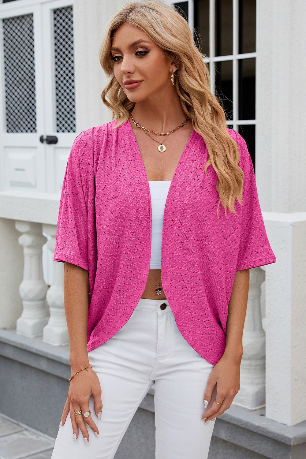 Eyelet Open Front Half Sleeve Cardigan - Loulou Boutique