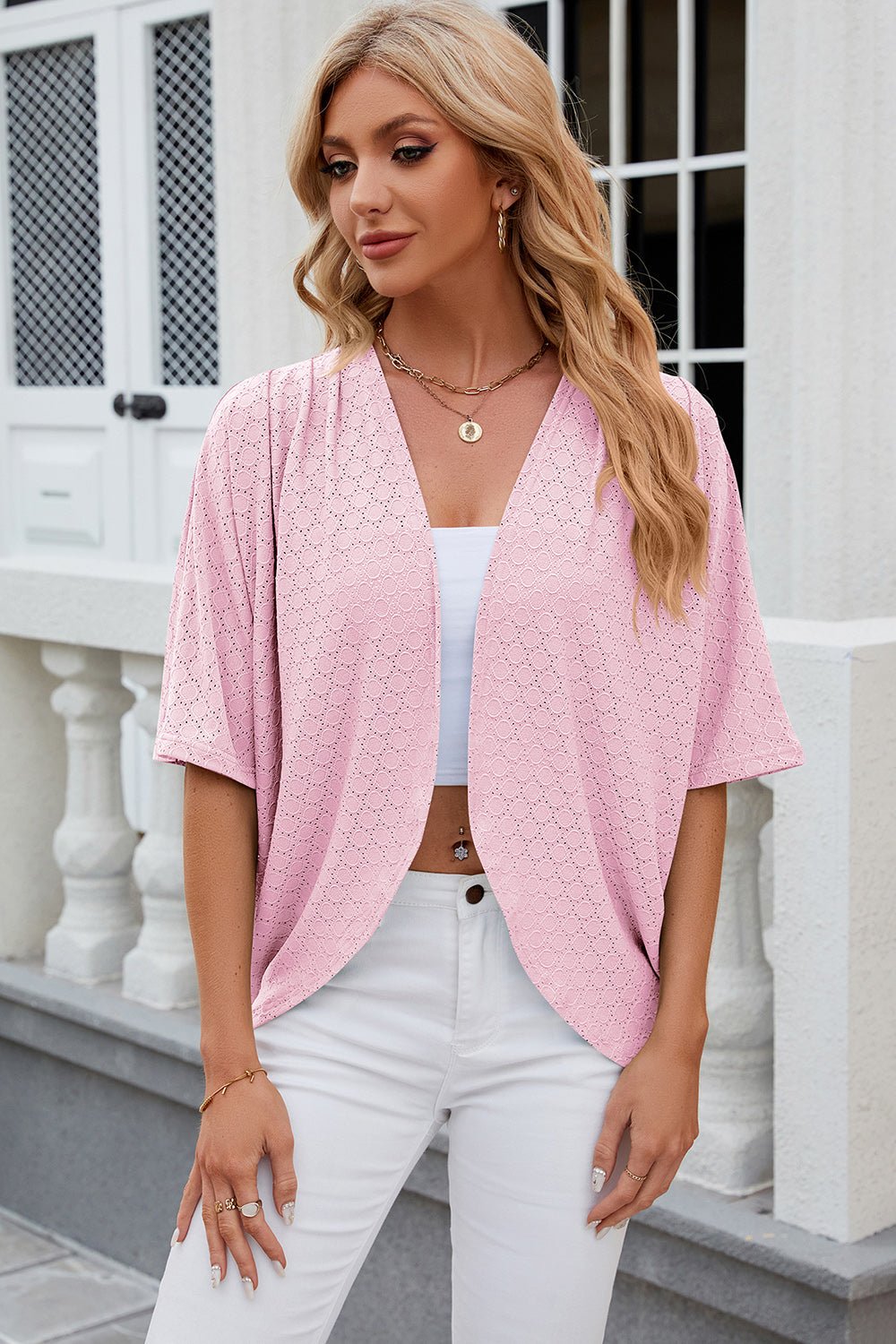 Eyelet Open Front Half Sleeve Cardigan - Loulou Boutique