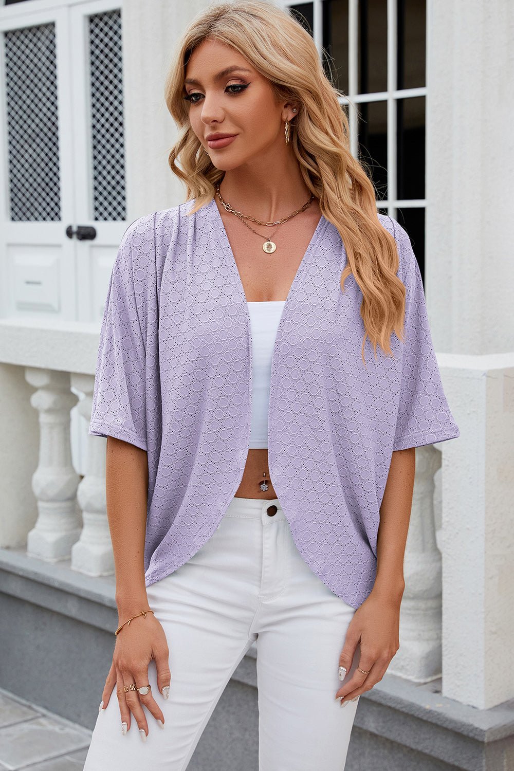 Eyelet Open Front Half Sleeve Cardigan - Loulou Boutique