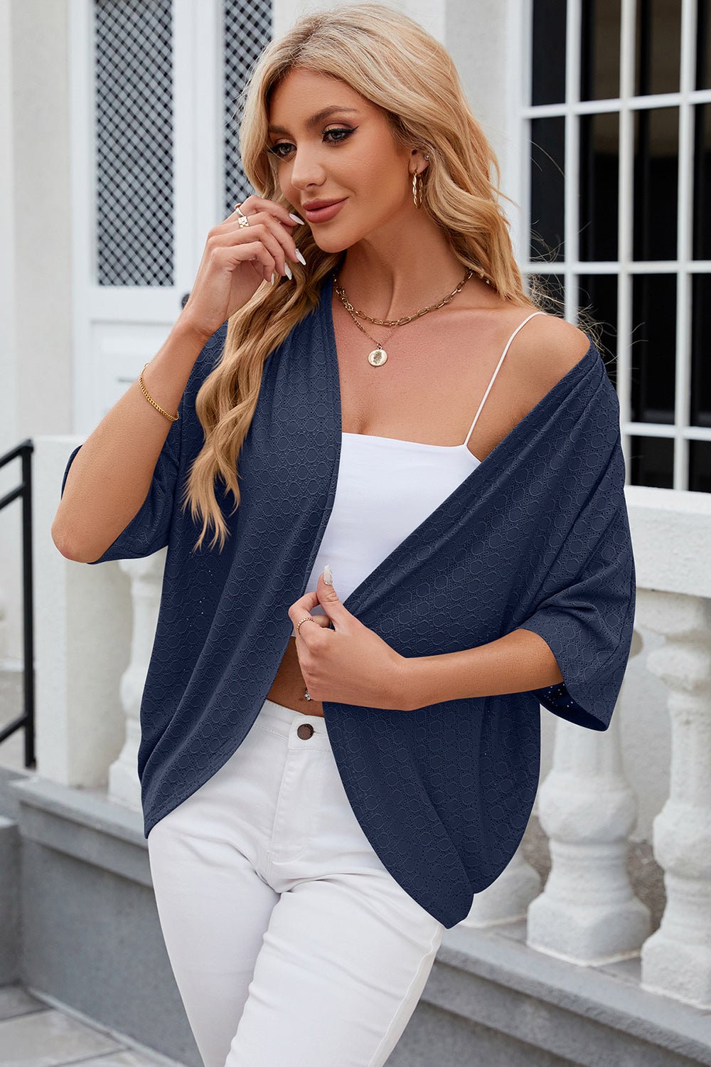 Eyelet Open Front Half Sleeve Cardigan - Loulou Boutique