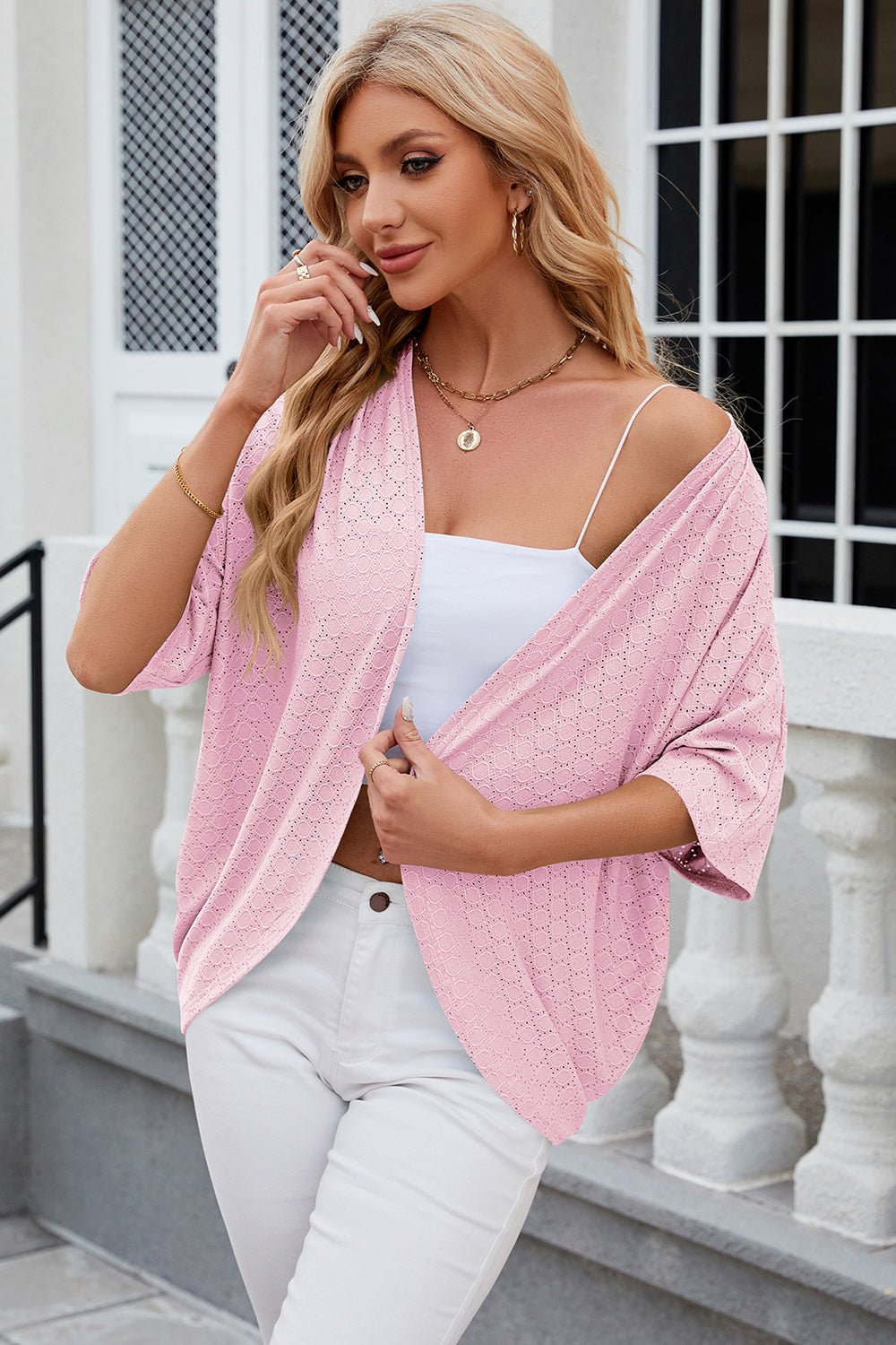 Eyelet Open Front Half Sleeve Cardigan - Loulou Boutique