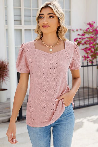 Eyelet Puff Sleeve T-Shirt - Loulou Boutique