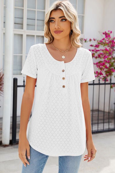 Eyelet Quarter Button Short Sleeve T-Shirt - Loulou Boutique
