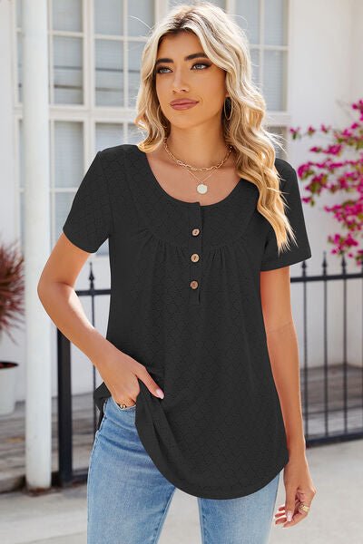 Eyelet Quarter Button Short Sleeve T-Shirt - Loulou Boutique