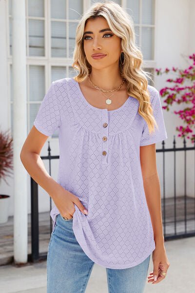Eyelet Quarter Button Short Sleeve T-Shirt - Loulou Boutique