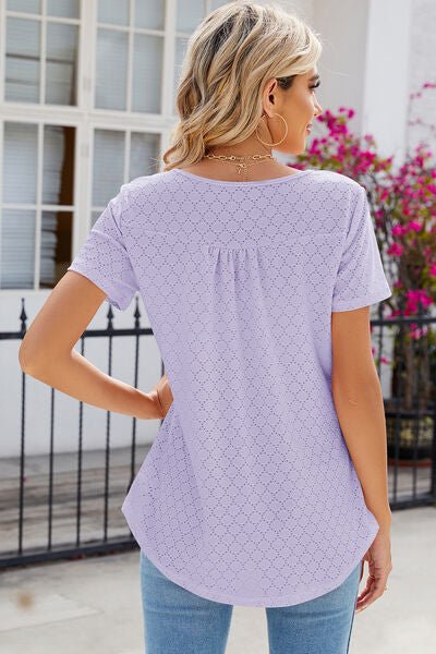 Eyelet Quarter Button Short Sleeve T-Shirt - Loulou Boutique