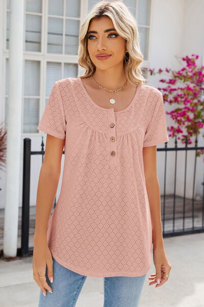 Eyelet Quarter Button Short Sleeve T-Shirt - Loulou Boutique