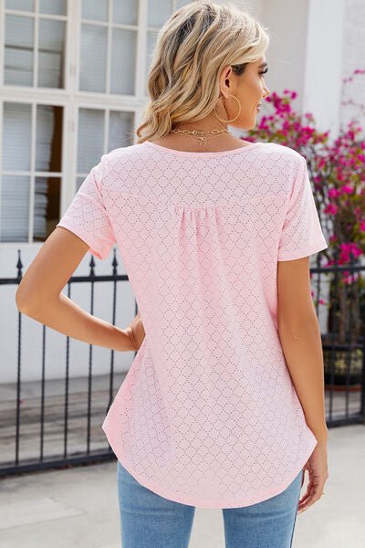 Eyelet Quarter Button Short Sleeve T-Shirt - Loulou Boutique