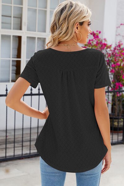 Eyelet Quarter Button Short Sleeve T-Shirt - Loulou Boutique
