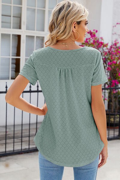 Eyelet Quarter Button Short Sleeve T-Shirt - Loulou Boutique