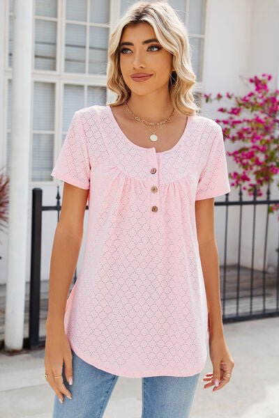 Eyelet Quarter Button Short Sleeve T-Shirt - Loulou Boutique