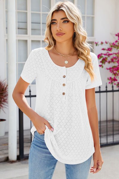 Eyelet Quarter Button Short Sleeve T-Shirt - Loulou Boutique
