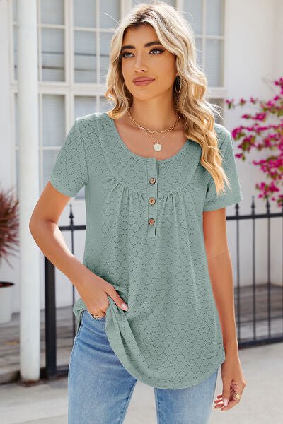 Eyelet Quarter Button Short Sleeve T-Shirt - Loulou Boutique