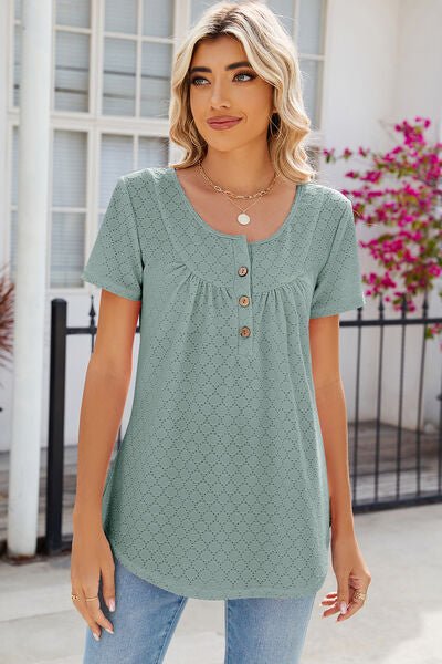 Eyelet Quarter Button Short Sleeve T-Shirt - Loulou Boutique