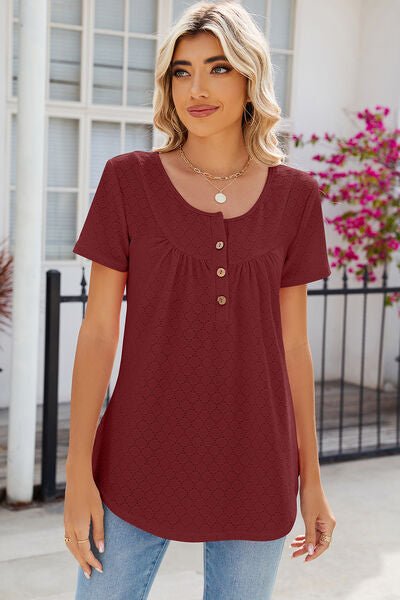 Eyelet Quarter Button Short Sleeve T-Shirt - Loulou Boutique