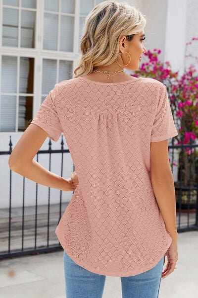 Eyelet Quarter Button Short Sleeve T-Shirt - Loulou Boutique