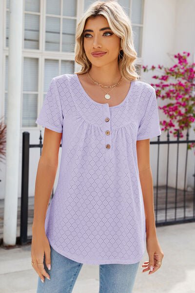 Eyelet Quarter Button Short Sleeve T-Shirt - Loulou Boutique