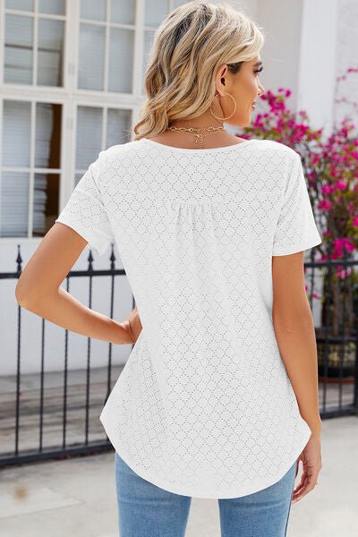 Eyelet Quarter Button Short Sleeve T-Shirt - Loulou Boutique