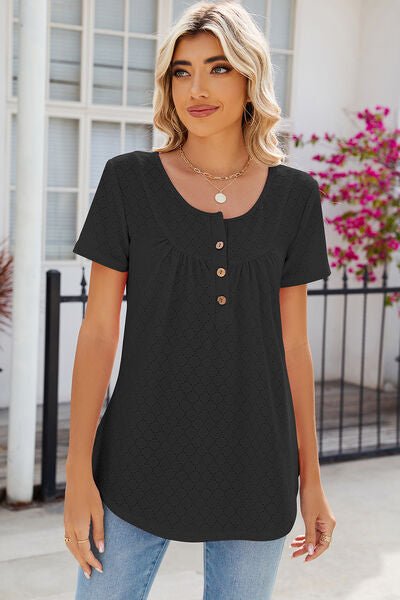 Eyelet Quarter Button Short Sleeve T-Shirt - Loulou Boutique