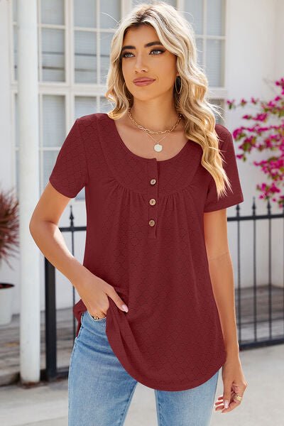 Eyelet Quarter Button Short Sleeve T-Shirt - Loulou Boutique