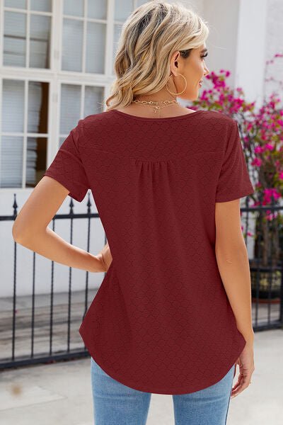 Eyelet Quarter Button Short Sleeve T-Shirt - Loulou Boutique