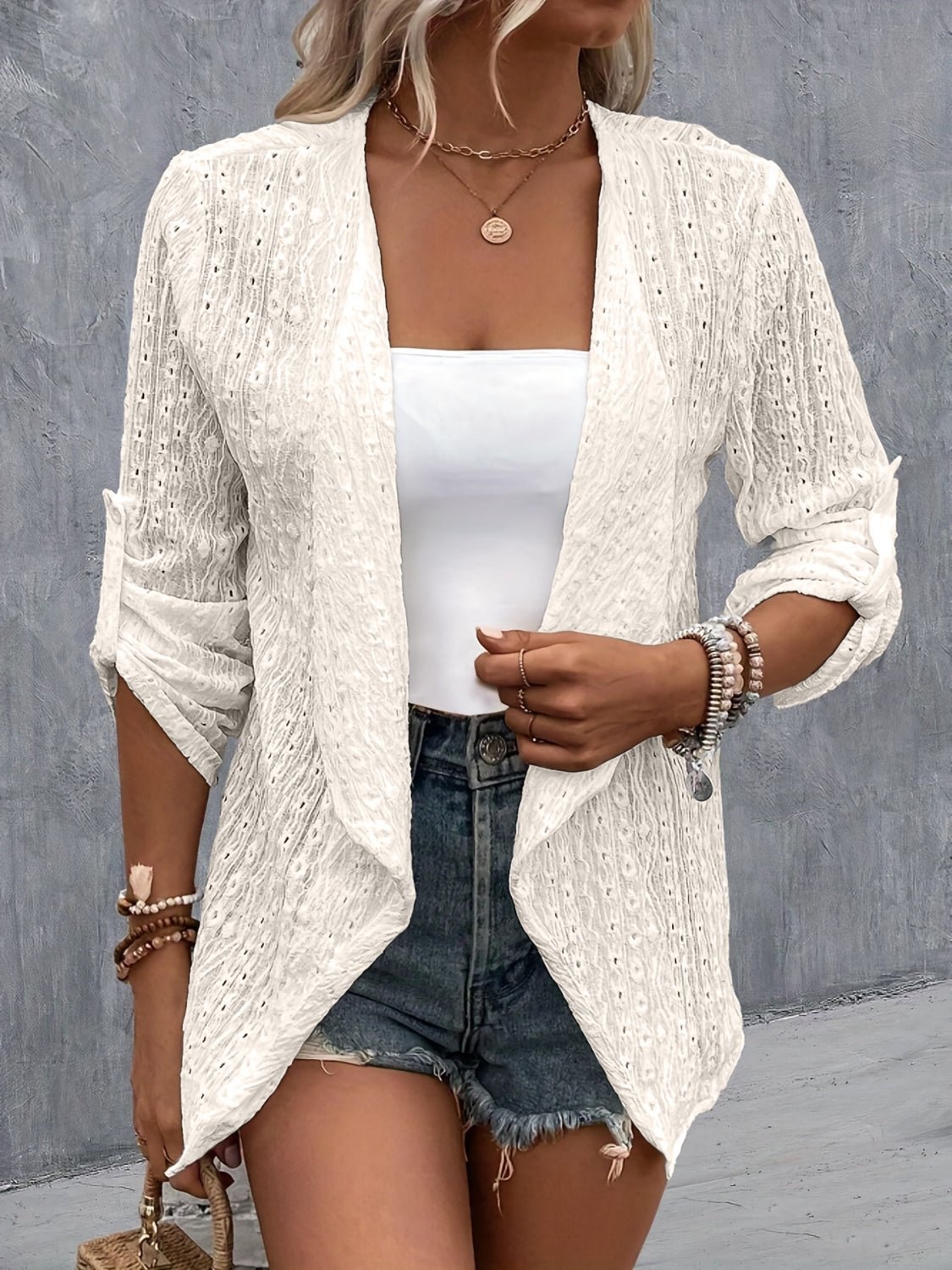 Eyelet Roll - Tab Sleeve Cardigan - Loulou Boutique