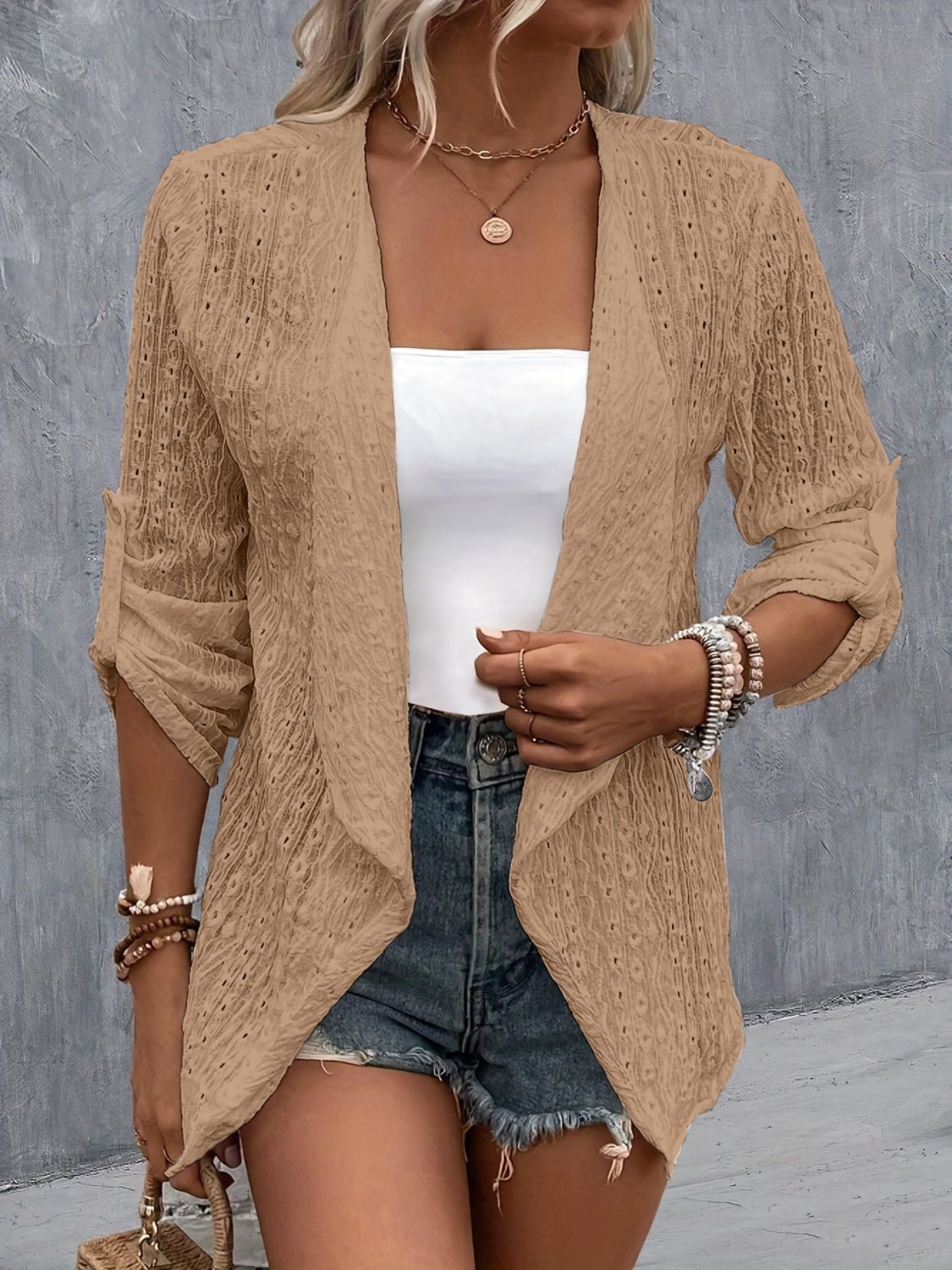 Eyelet Roll - Tab Sleeve Cardigan - Loulou Boutique