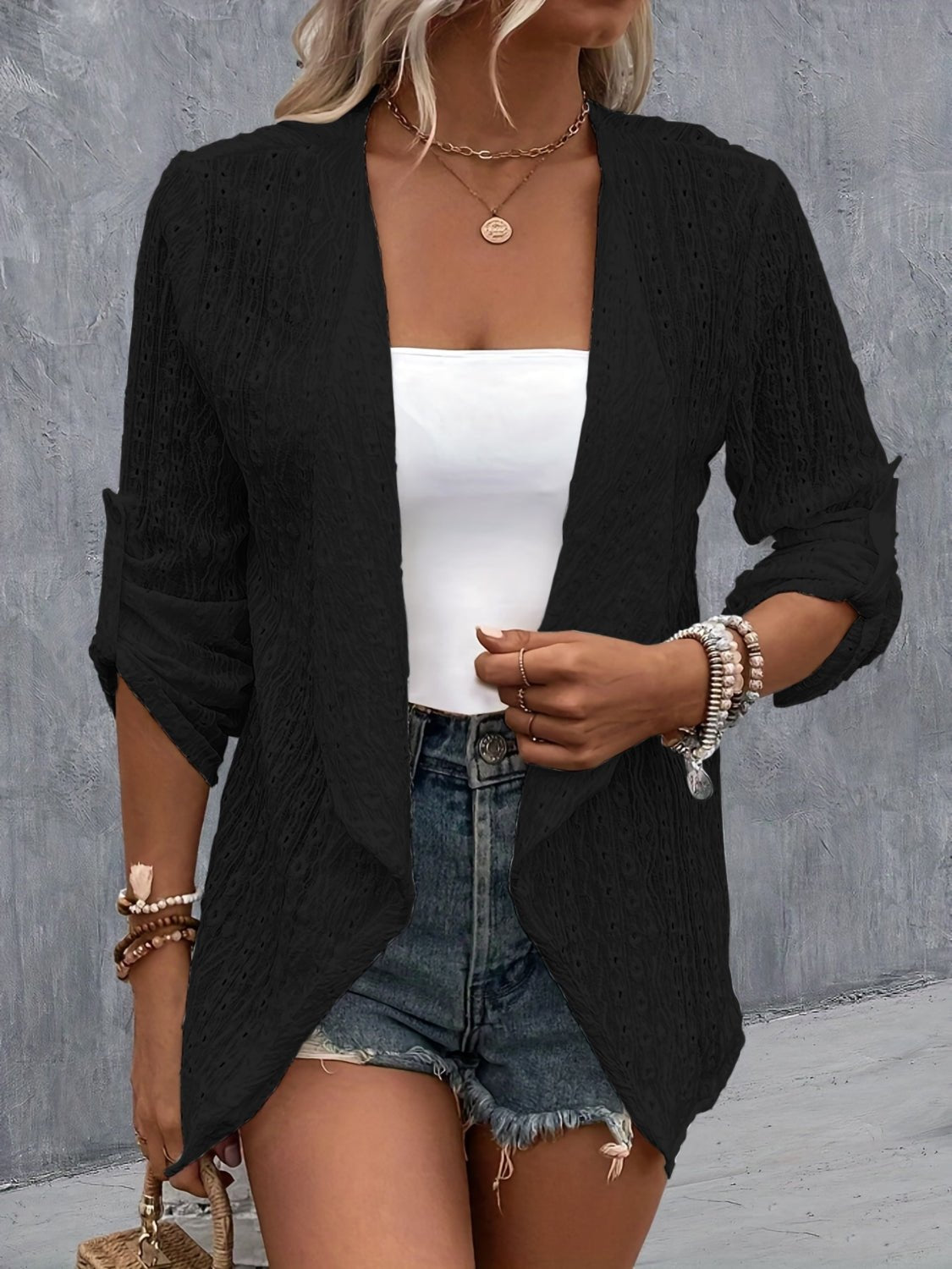 Eyelet Roll - Tab Sleeve Cardigan - Loulou Boutique