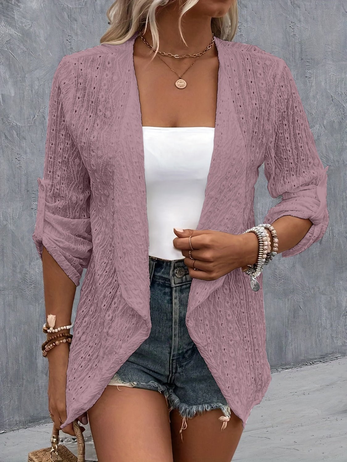 Eyelet Roll - Tab Sleeve Cardigan - Loulou Boutique