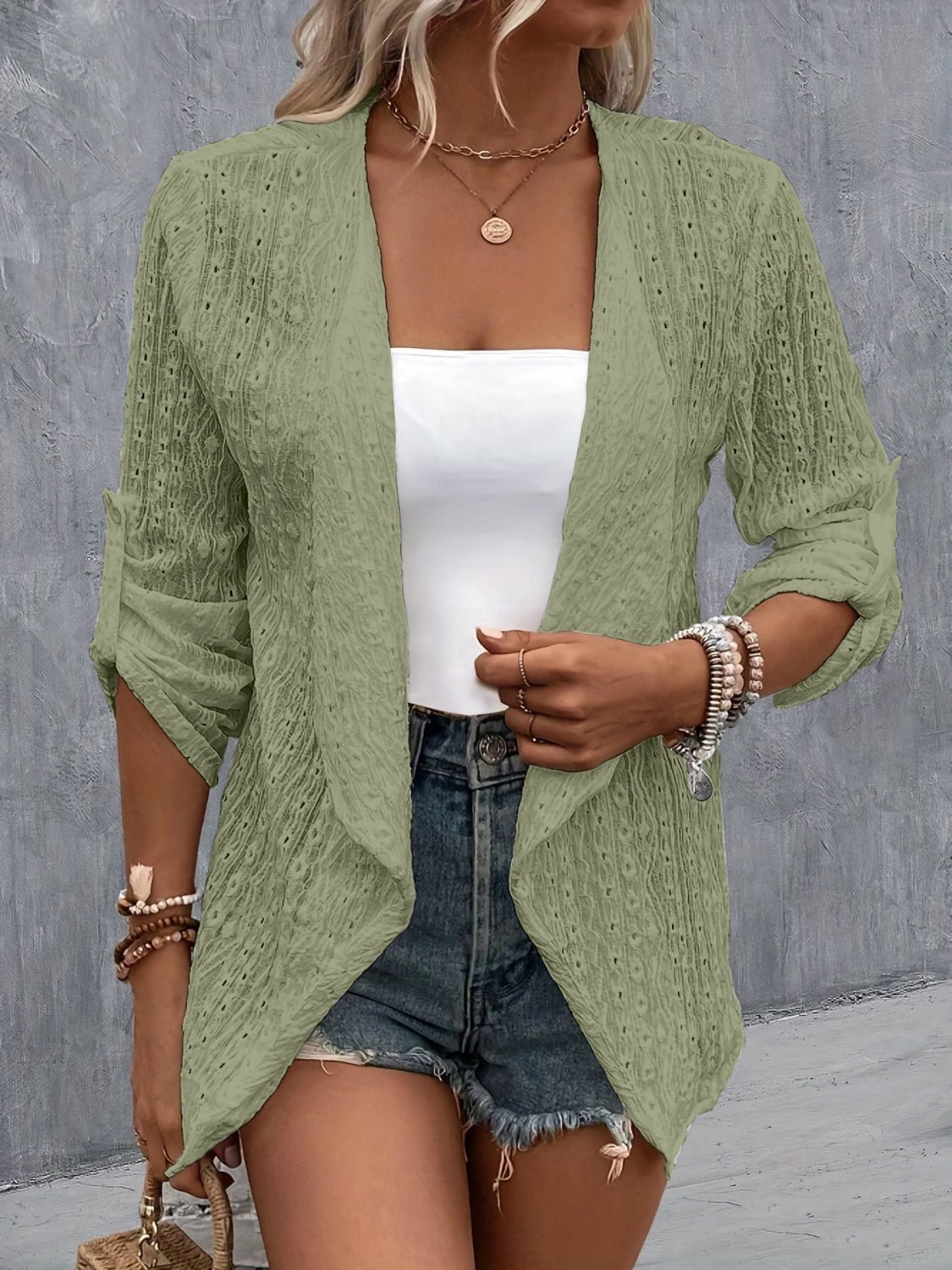 Eyelet Roll - Tab Sleeve Cardigan - Loulou Boutique