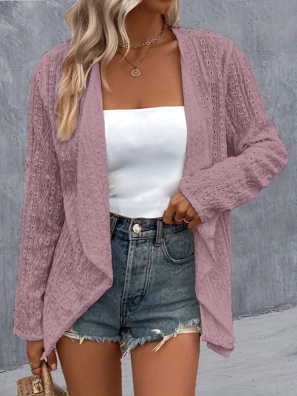 Eyelet Roll - Tab Sleeve Cardigan - Loulou Boutique