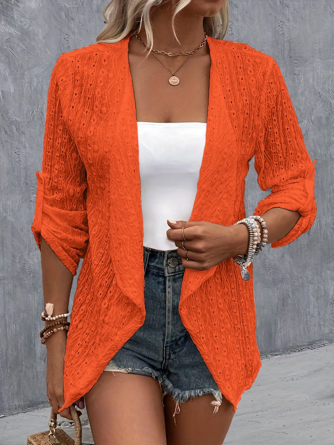 Eyelet Roll - Tab Sleeve Cardigan - Loulou Boutique