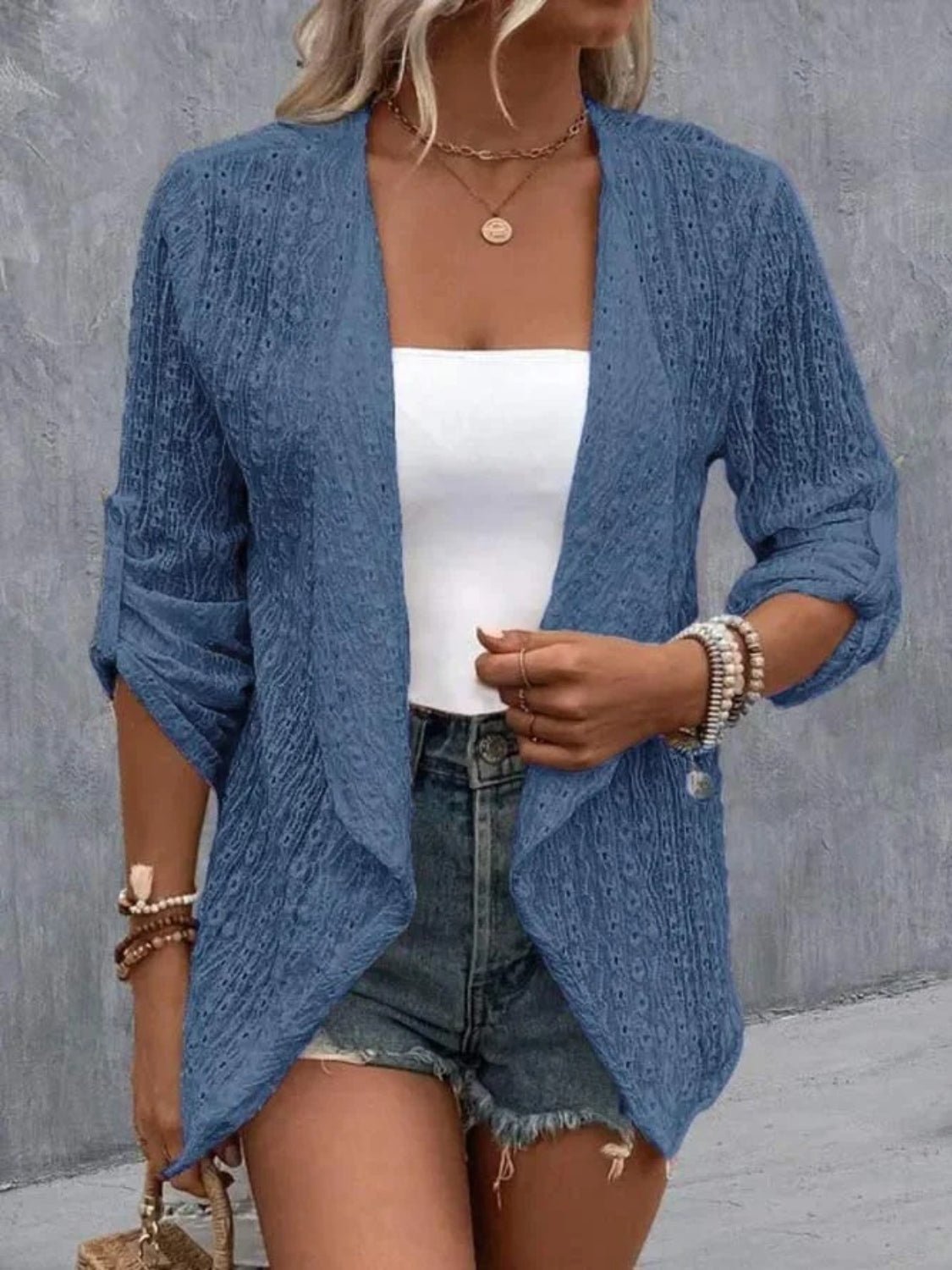 Eyelet Roll - Tab Sleeve Cardigan - Loulou Boutique