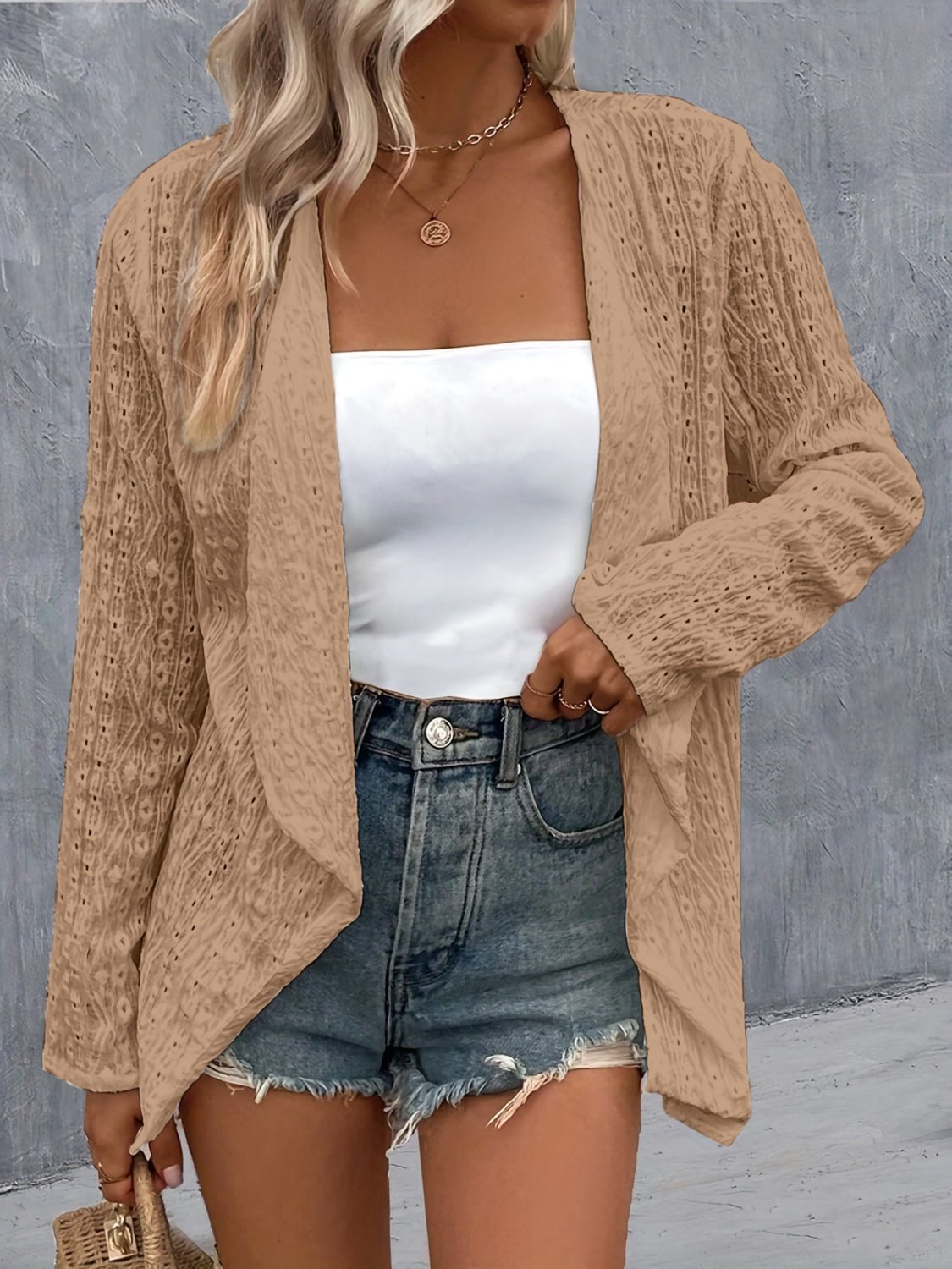 Eyelet Roll - Tab Sleeve Cardigan - Loulou Boutique