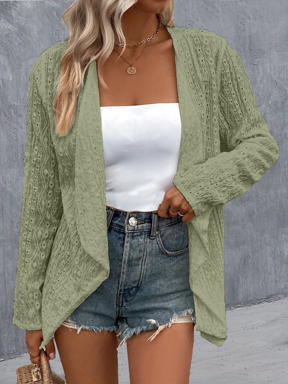 Eyelet Roll - Tab Sleeve Cardigan - Loulou Boutique