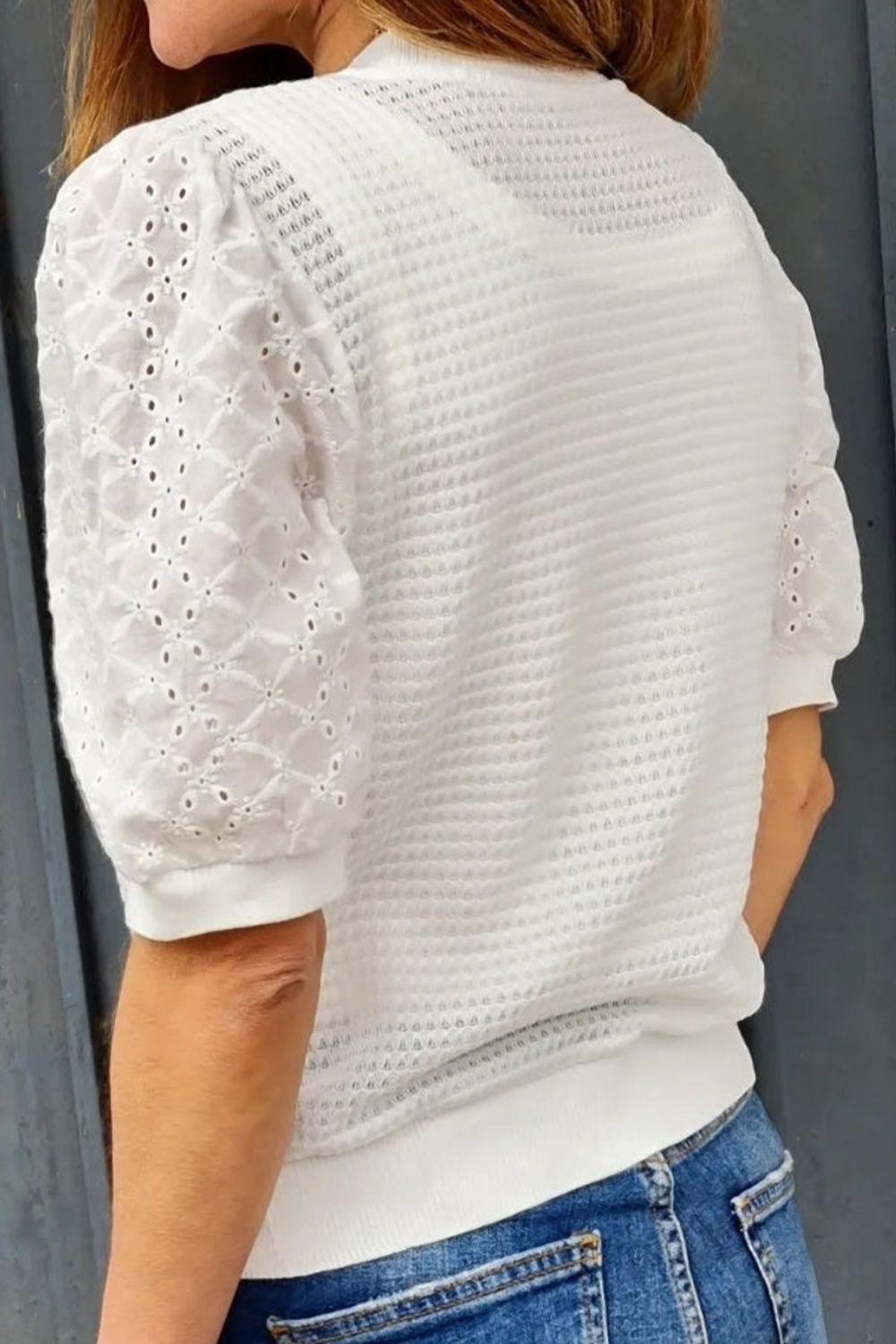 Eyelet Round Neck Half Sleeve Blouse - Loulou Boutique