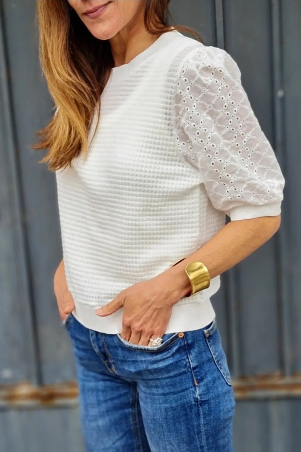 Eyelet Round Neck Half Sleeve Blouse - Loulou Boutique