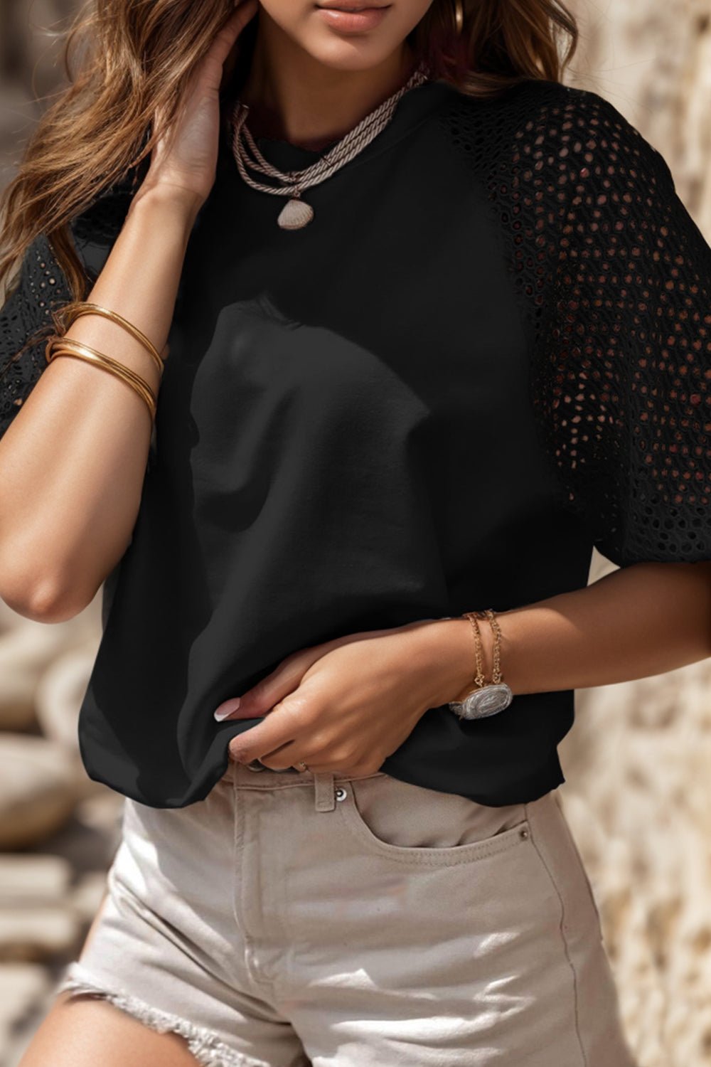 Eyelet Round Neck Half Sleeve Blouse - Loulou Boutique